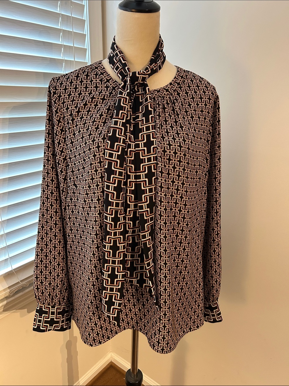 Black and Brown Geometric Blouse With Tie